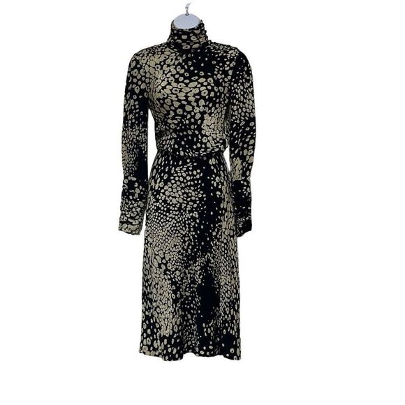 Tuleh Dresses & Skirts - Tuleh Black Gold Animal Leopard Print 100% Silk High Neck Blouson Midi Dress XS‎